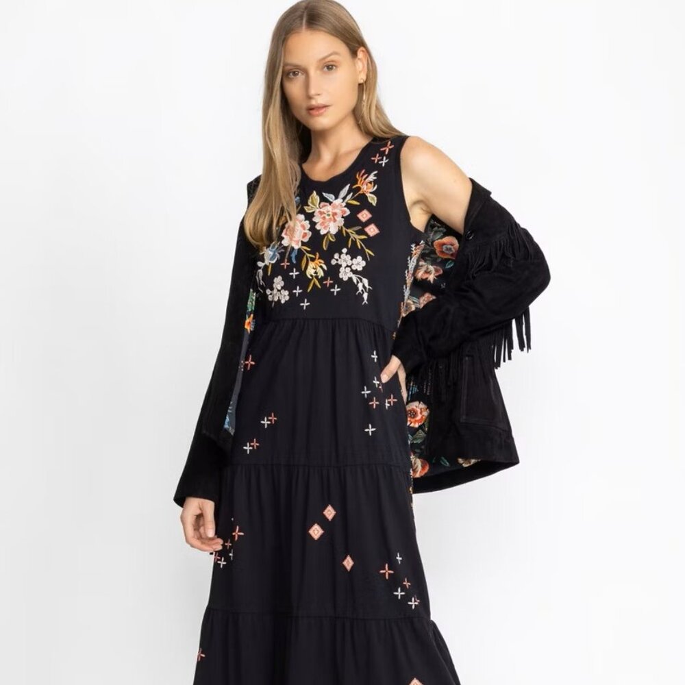 Johnny Was Black Embroidered Floral Ceretti Tiered Maxi Tank Dress